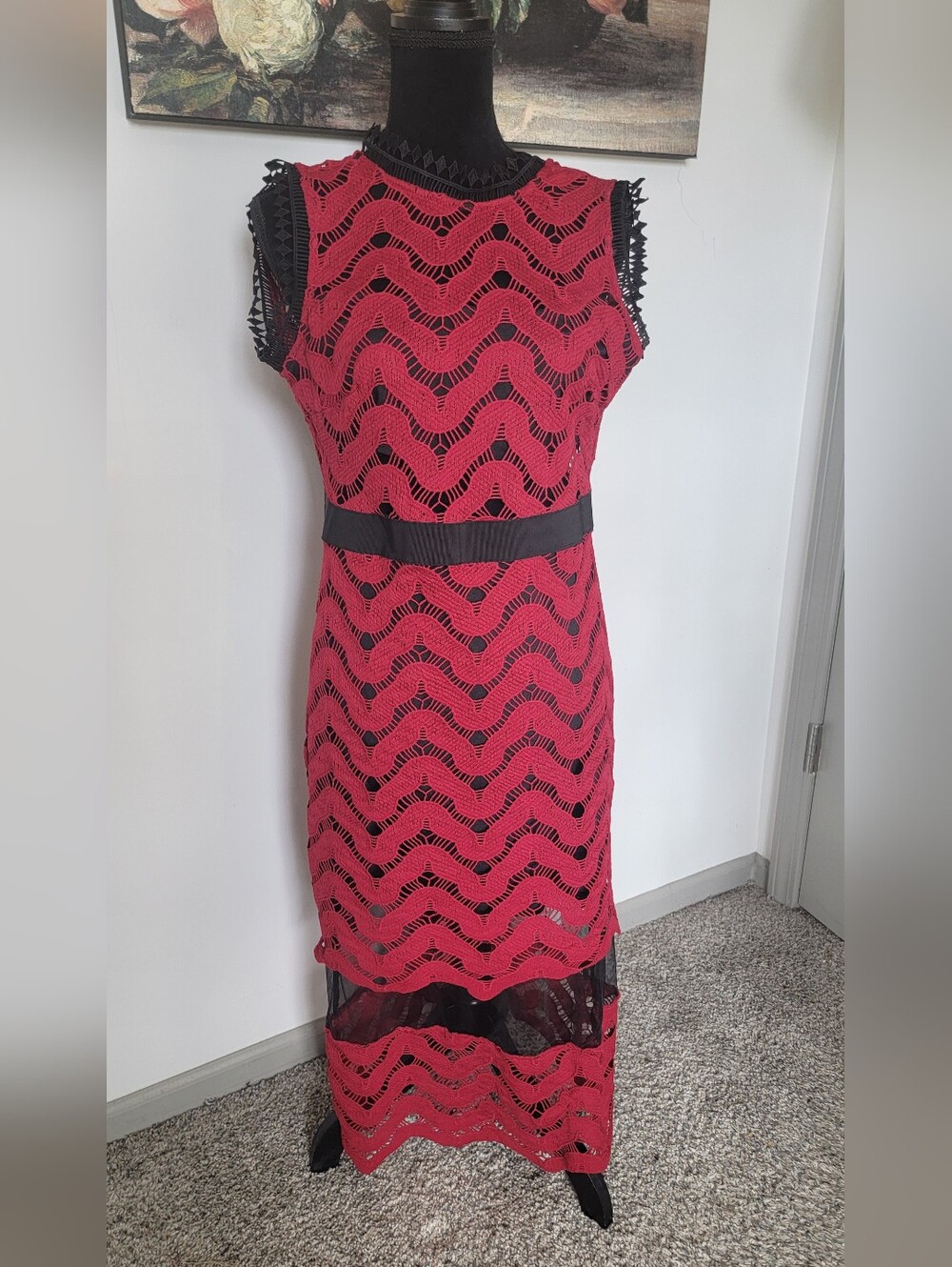 Red Lace Overlay Maxi Dress with Black Accents